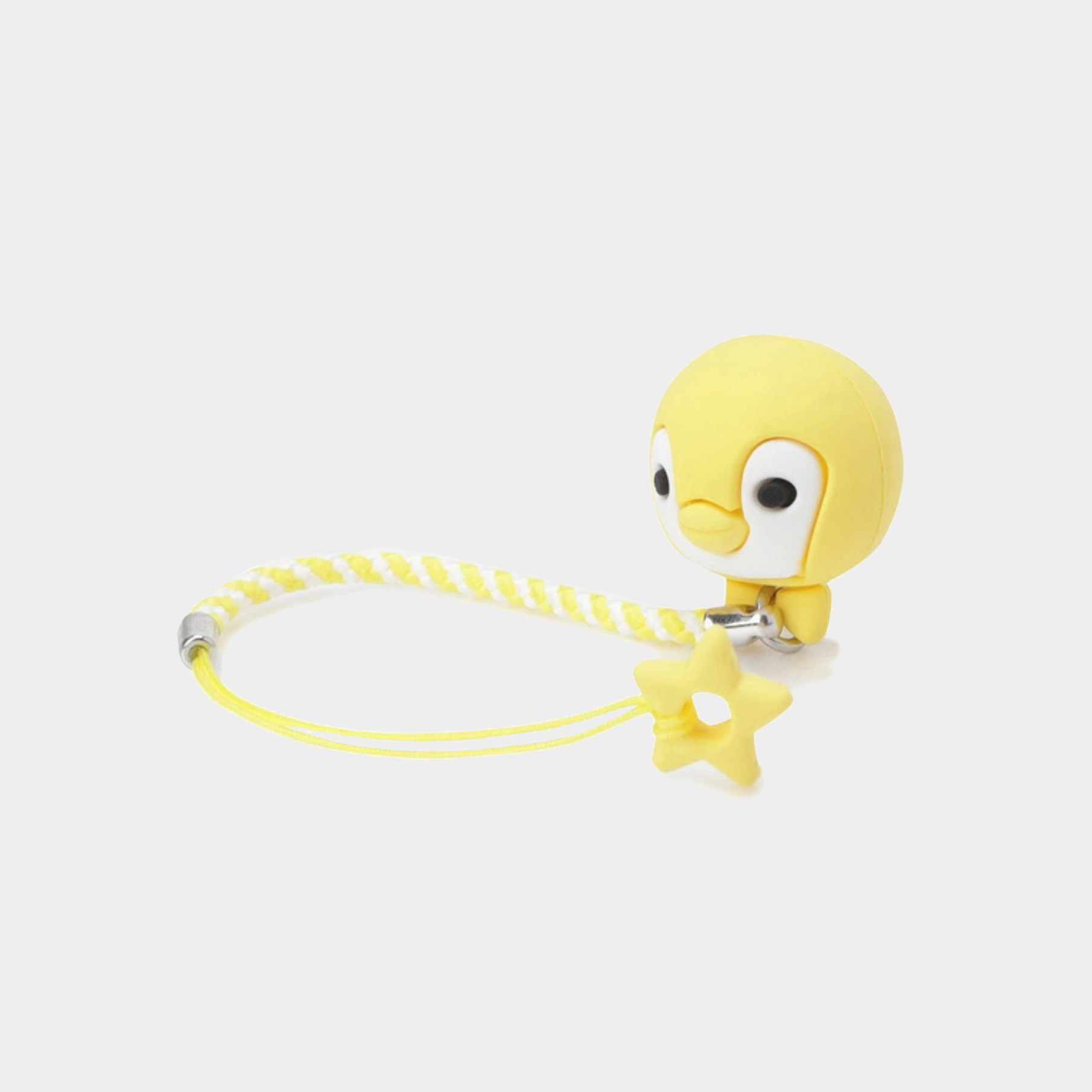 A yellow penguin-shaped phone strap or keychain charm with a braided yellow cord, silver metal clasp, and a small star-shaped accent, shown on a light gray background.