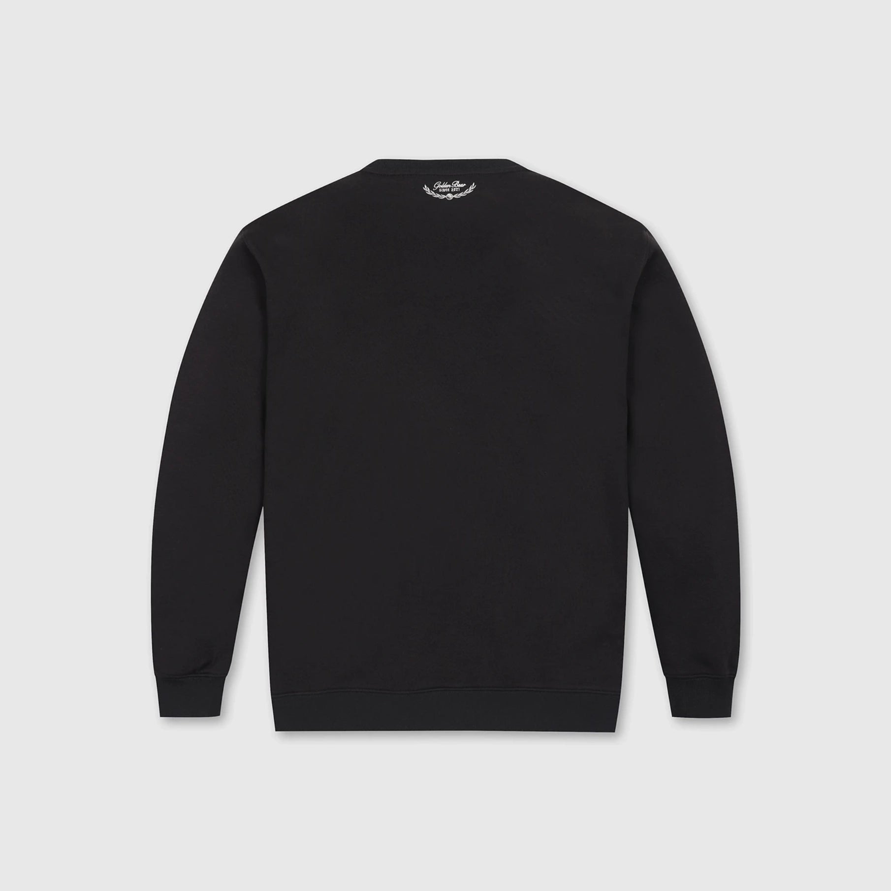 A black crewneck sweatshirt shown from the back, featuring a small white graphic logo centered below the neckline, set against a light gray background.