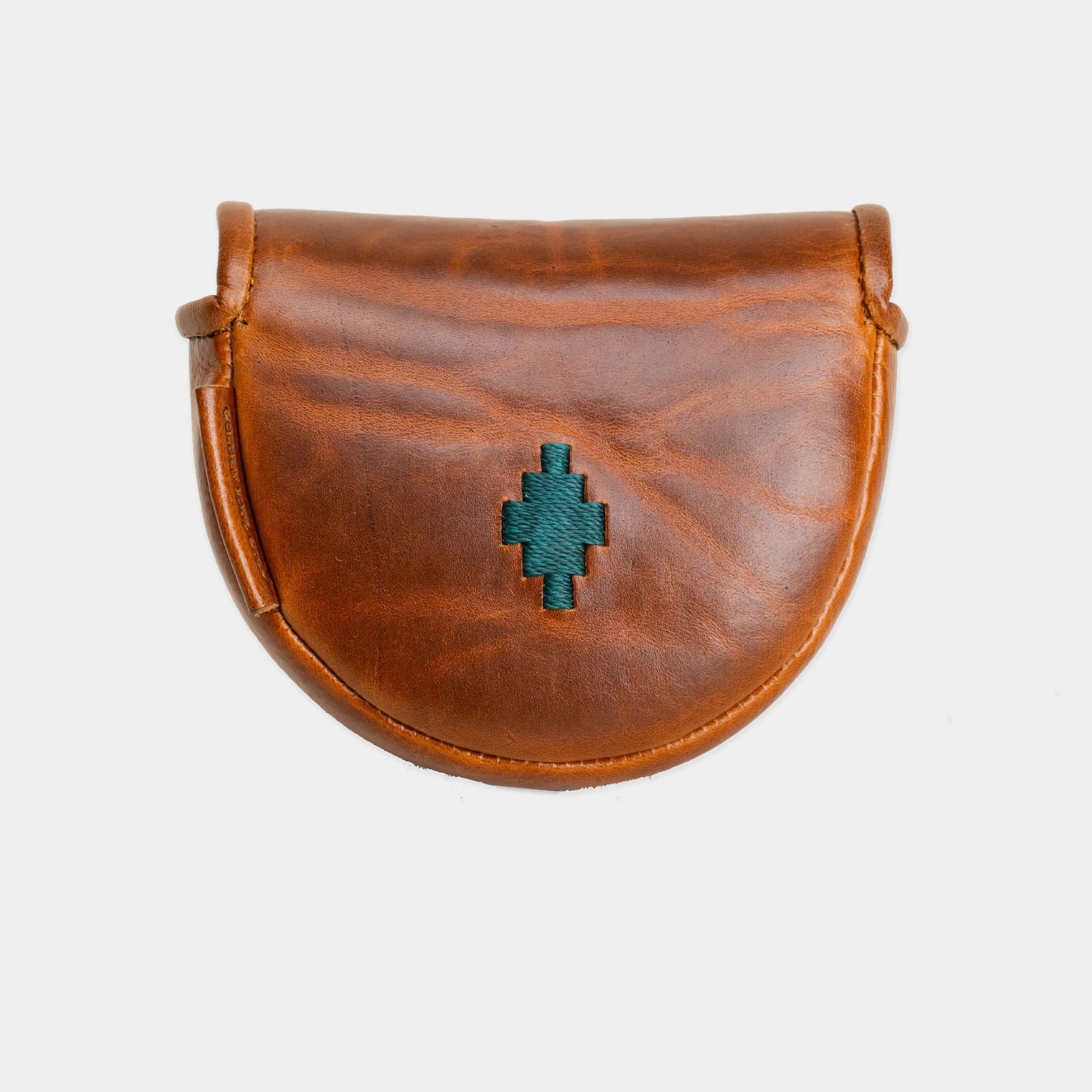 Rainford 1 OZ1 Putter Cover in brown leather with a teal cross embroidered on the front, designed to fit Odyssey OZ1 putters.