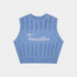 A light blue sleeveless knit crop top sweater vest with a white cursive embroidered logo reading &