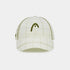 A structured baseball cap in off-white with a thin olive green grid pattern and a large embroidered olive green headband logo on the front, set against a plain light gray background.