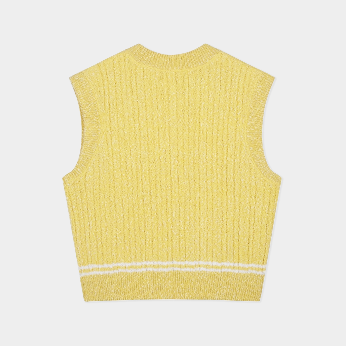 A yellow ribbed knit sleeveless vest with a white stripe detail near the hem, shown from the back on a light gray background.
