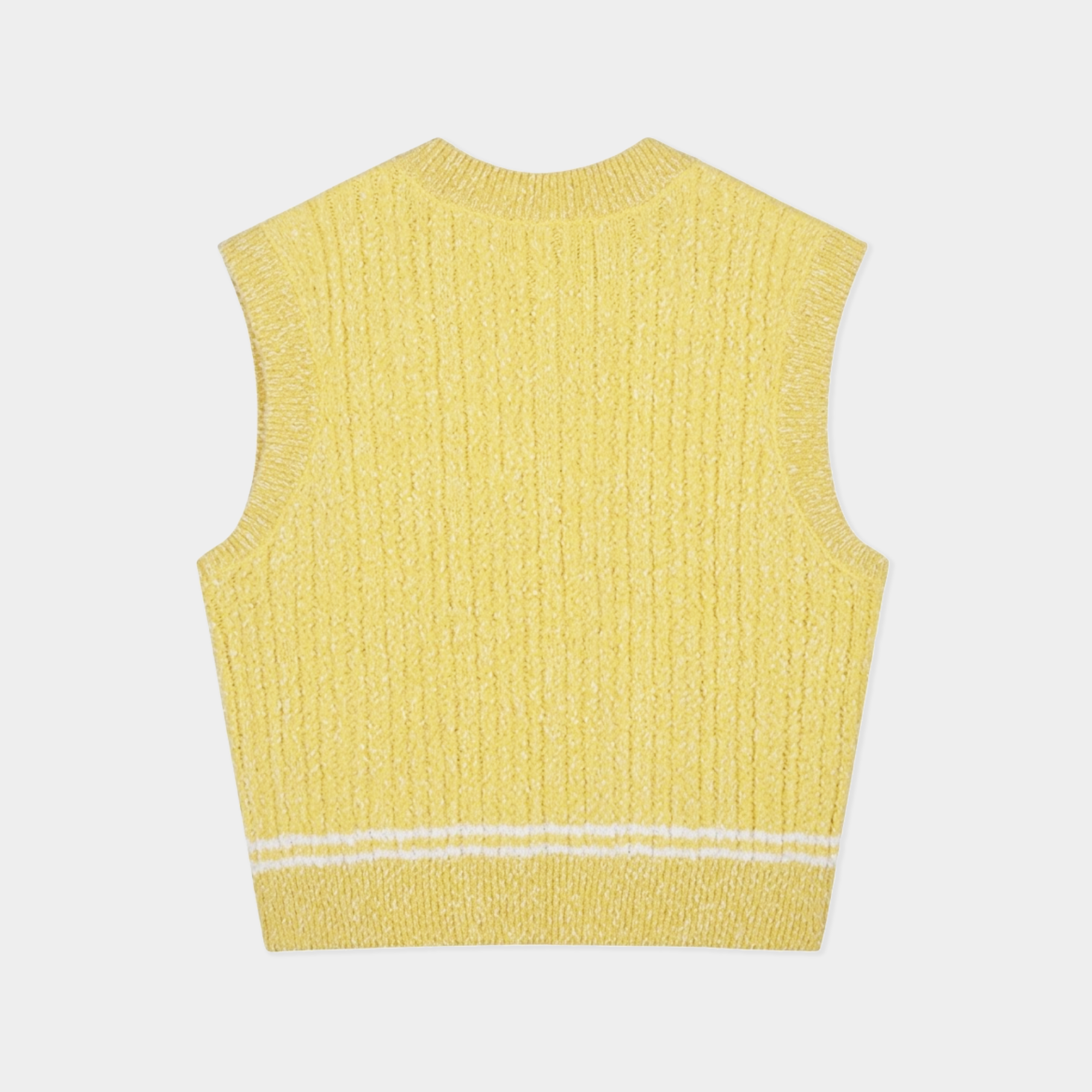 A yellow ribbed knit sleeveless vest with a white stripe detail near the hem, shown from the back on a light gray background.