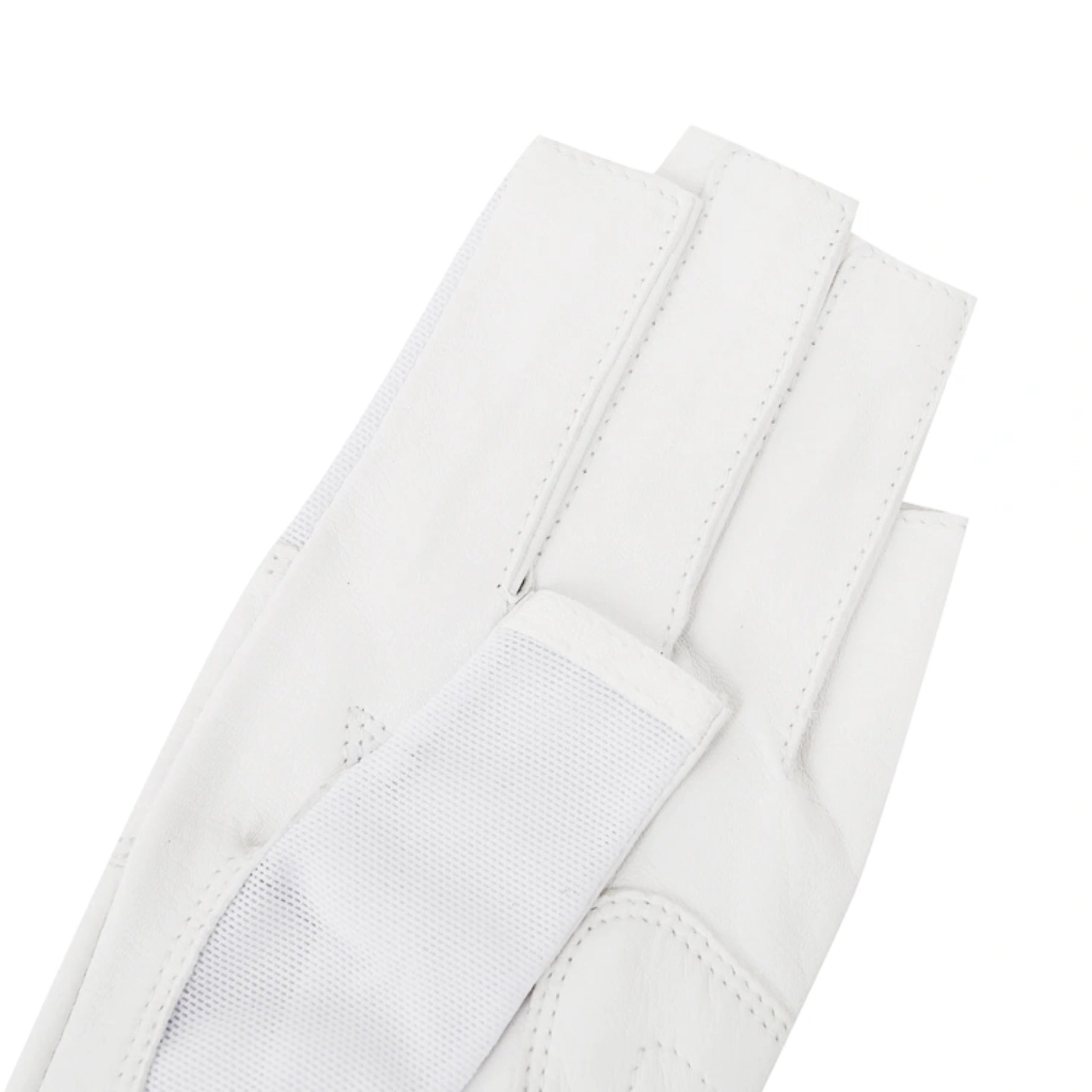 A close-up of a white leather glove with a textured mesh palm section and precise stitching, shown on a clean white background.