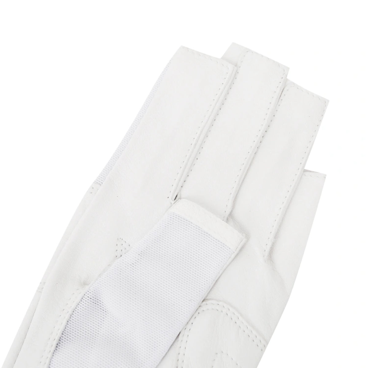 A close-up of a white leather glove with a textured mesh palm section and precise stitching, shown on a clean white background.