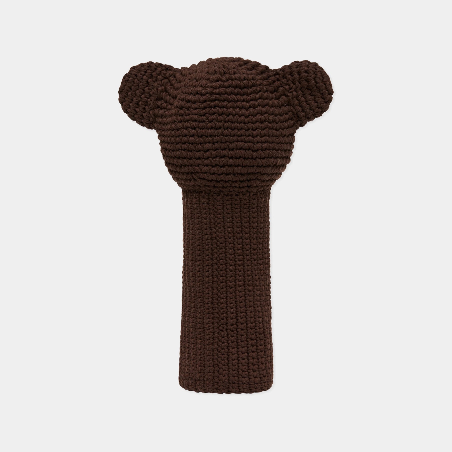 A dark brown knitted golf club headcover shaped like a bear head, shown against a light gray background.