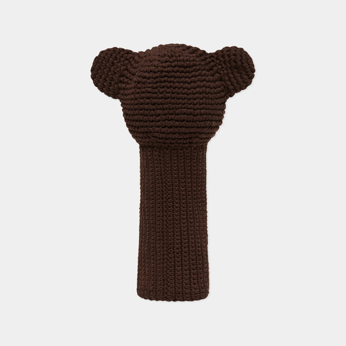 A dark brown knitted golf club headcover shaped like a bear head, shown against a light gray background.