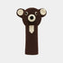 A crocheted bear head golf club headcover in dark brown and cream, featuring embroidered eyes and nose, shown against a light gray background.