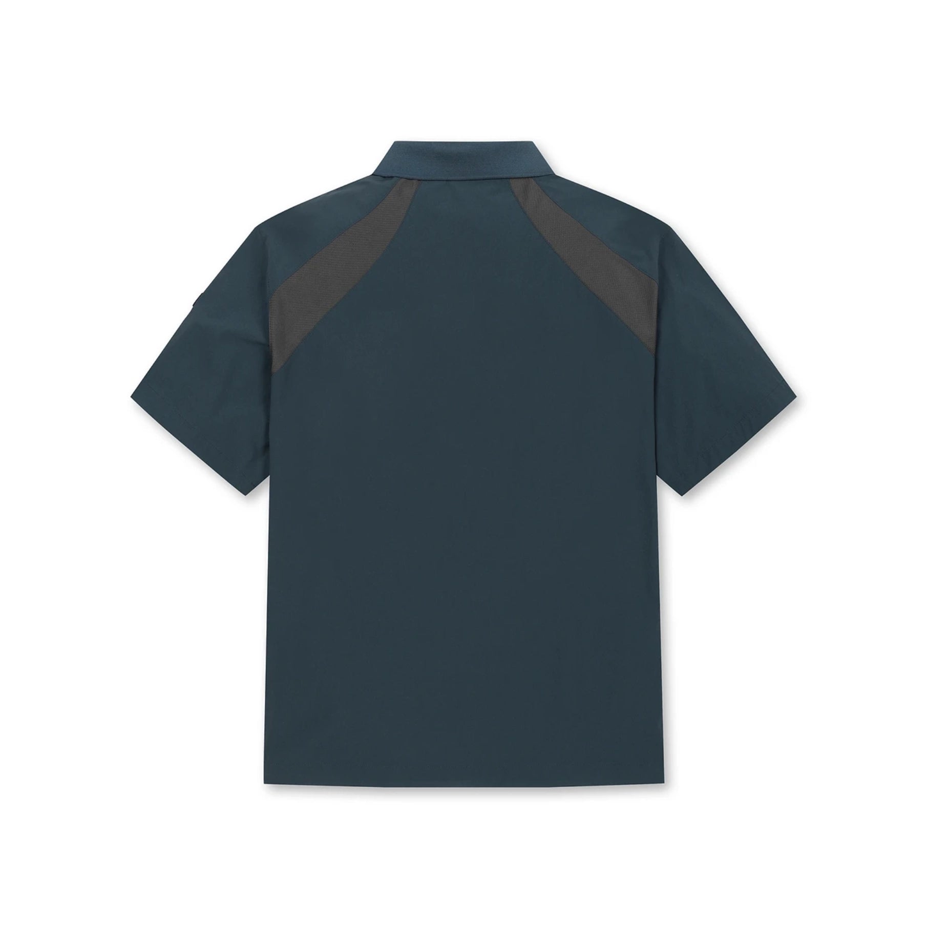 A short-sleeve collared shirt shown from the back, featuring a dark teal body with contrasting dark gray panels on the shoulders, displayed on a clean white background.