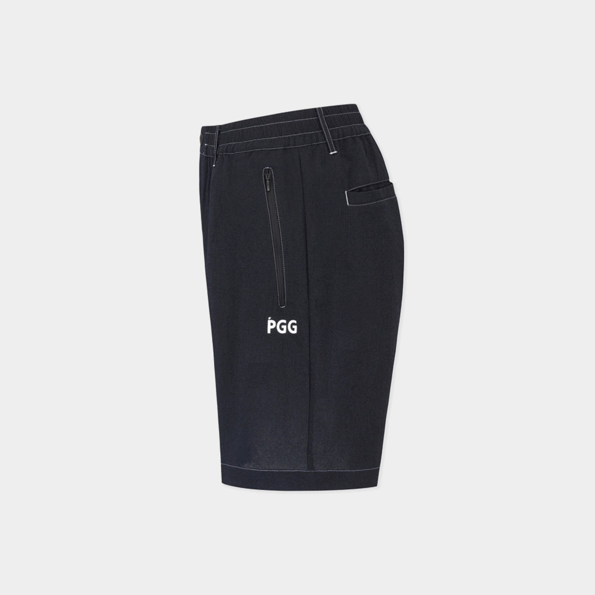 Black PGG shorts with a vertical zippered pocket and white logo print on the left leg, shown against a light gray background.