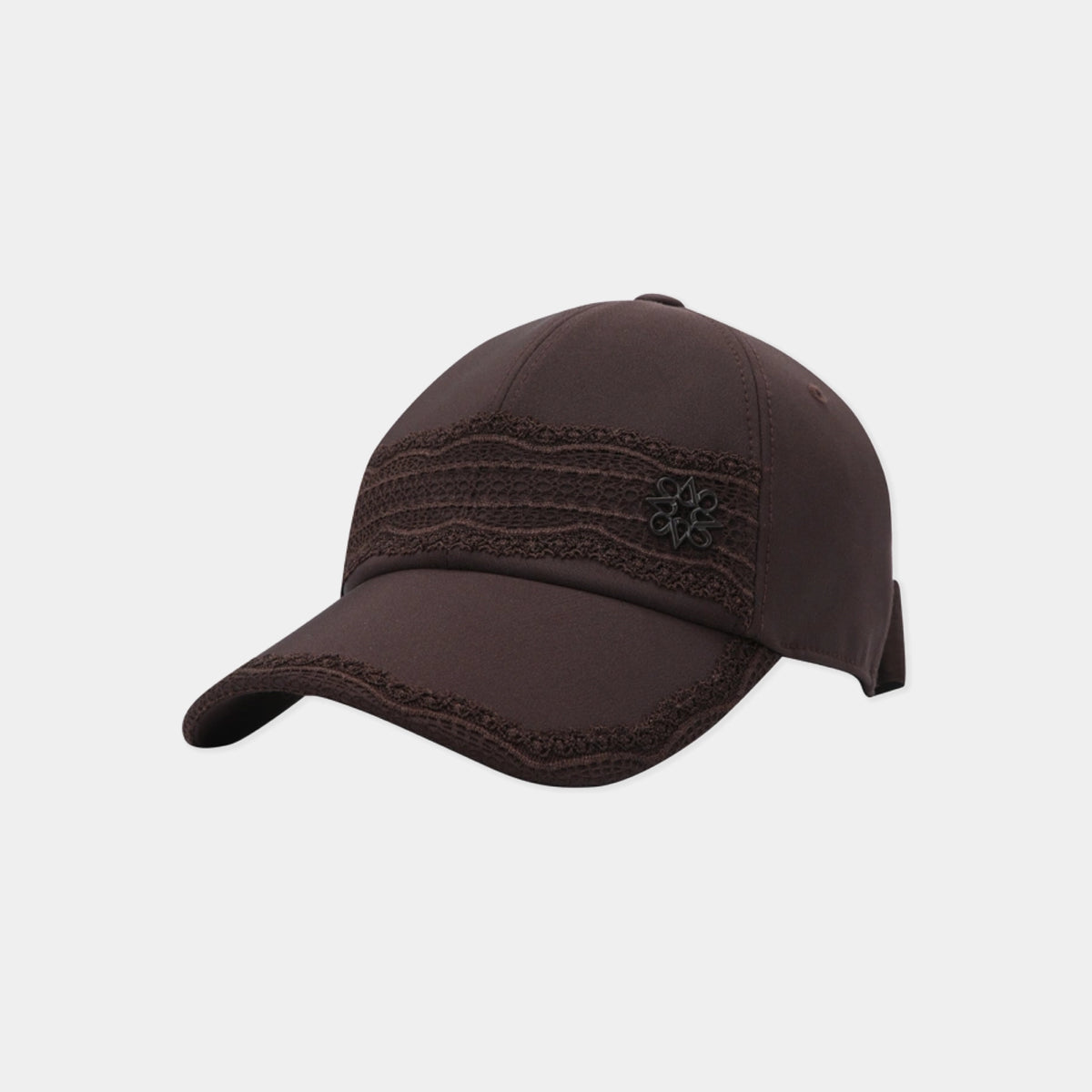 A dark brown baseball cap featuring a decorative embroidered band with wavy stitched patterns and a small embroidered logo on the side, shown against a light gray background.