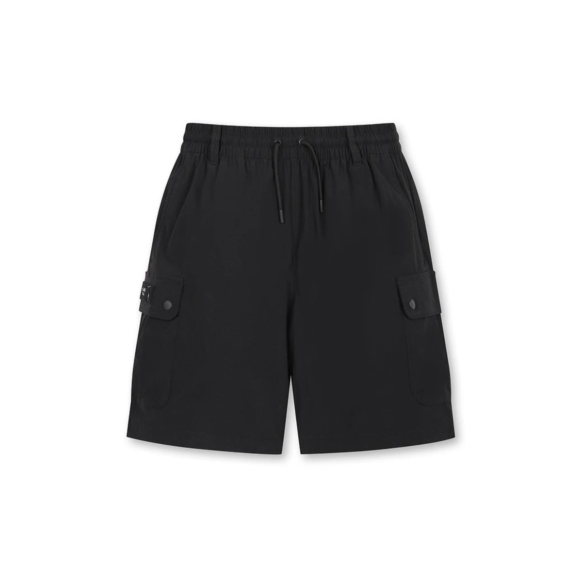 Black cargo shorts with an elastic drawstring waist and flap cargo pockets on both sides, shown flat on a white background.