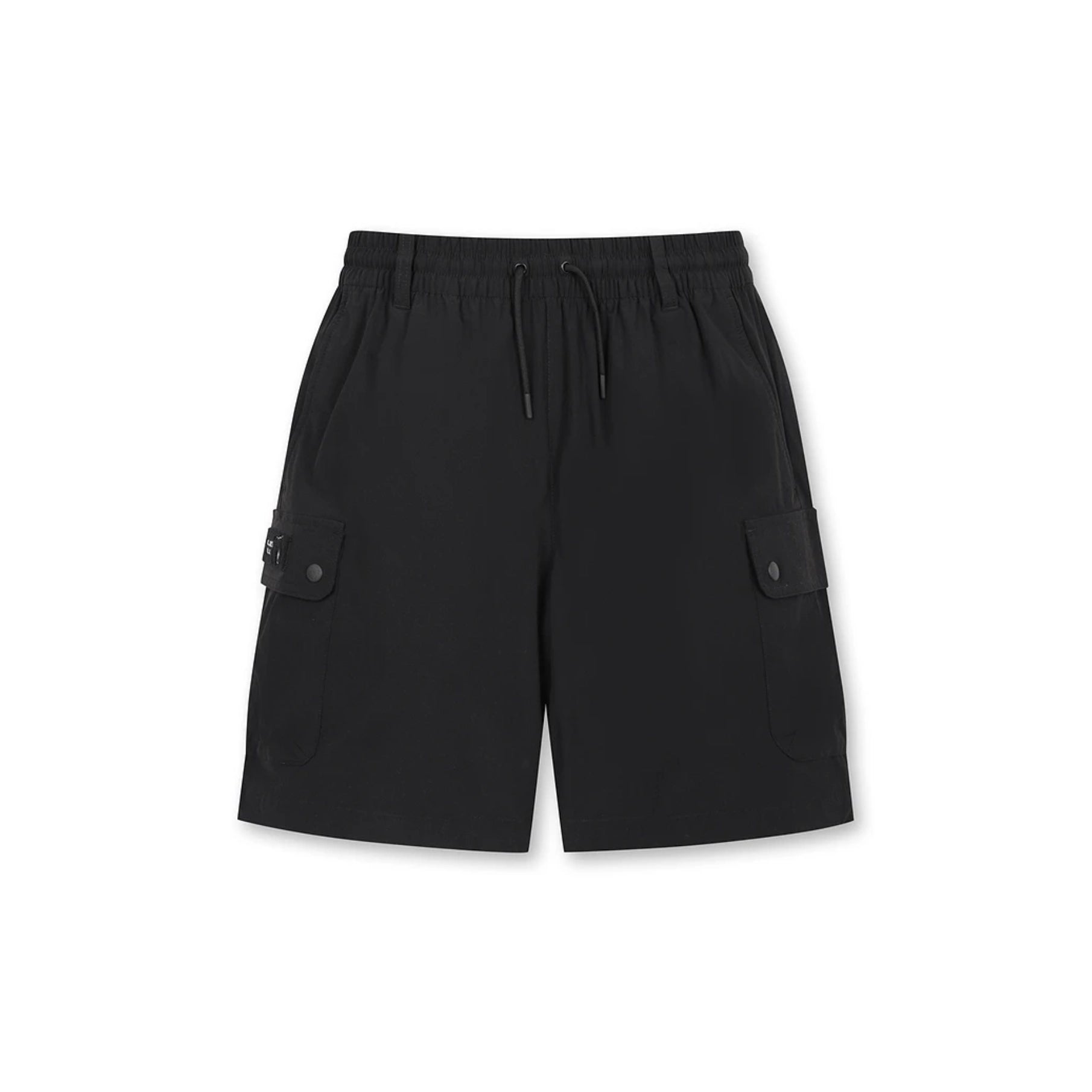 Black cargo shorts with an elastic drawstring waist and flap cargo pockets on both sides, shown flat on a white background.