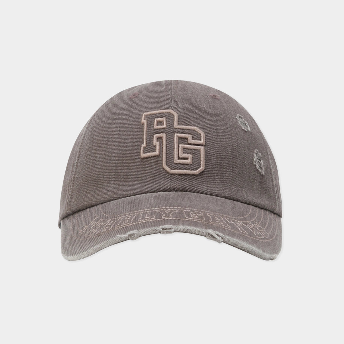 A distressed gray baseball cap featuring an embroidered beige 'RG' logo on the front and subtle distressed detailing along the brim, shown against a light gray background.