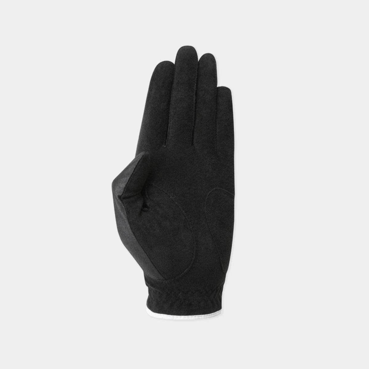 A single black glove shown flat against a light gray background.