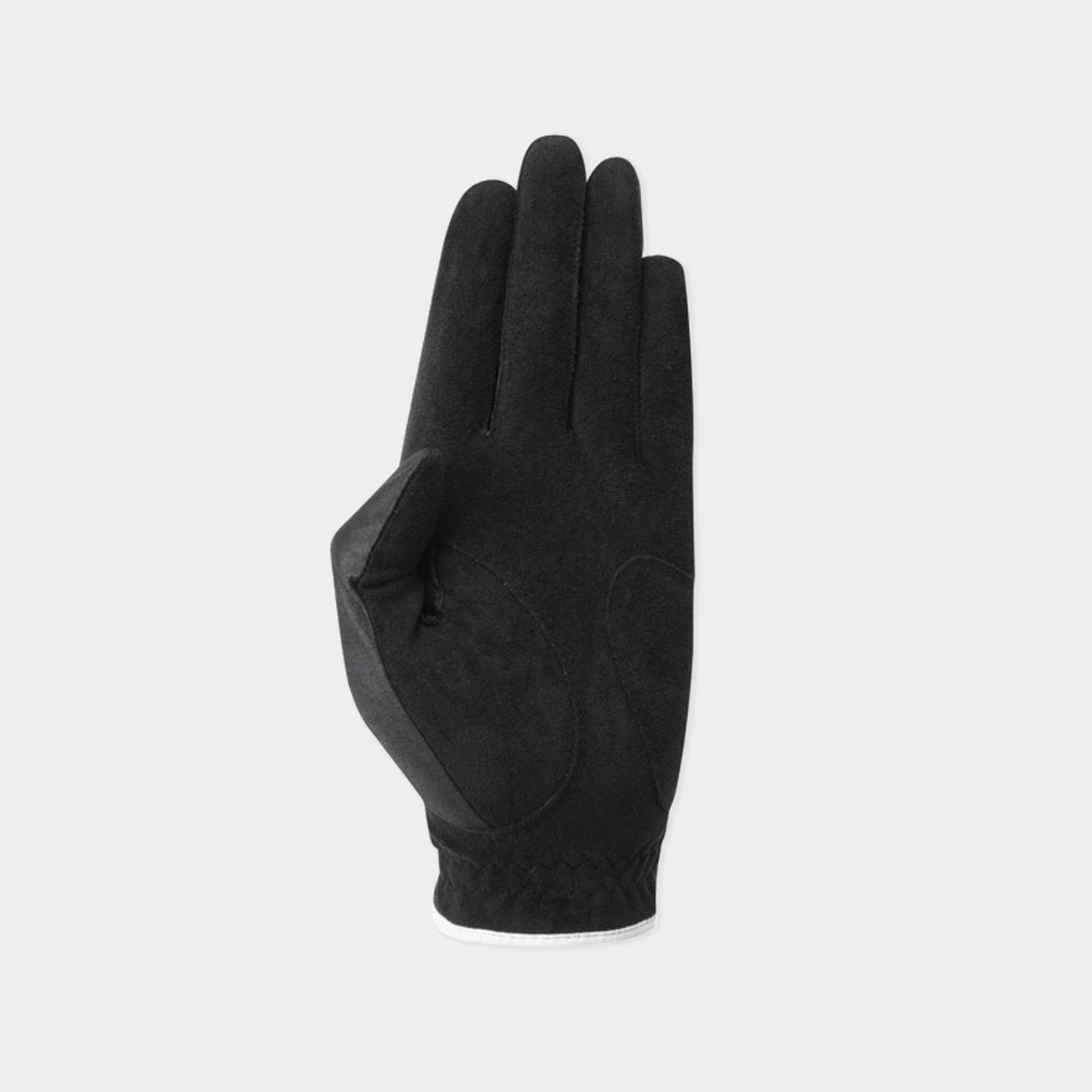 A single black glove shown flat against a light gray background.