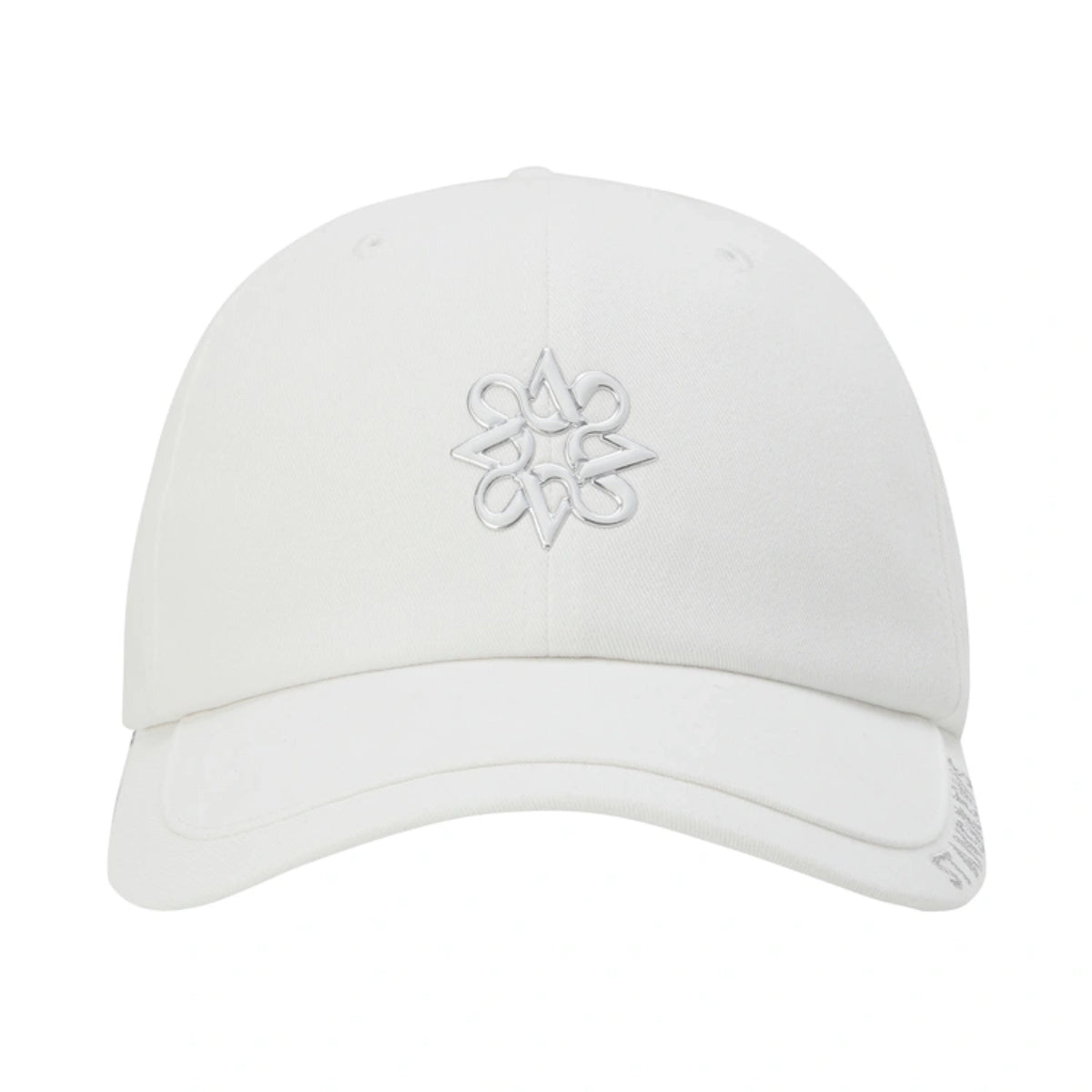 A white baseball cap featuring a tonal white embroidered geometric logo on the front, set against a solid white background.