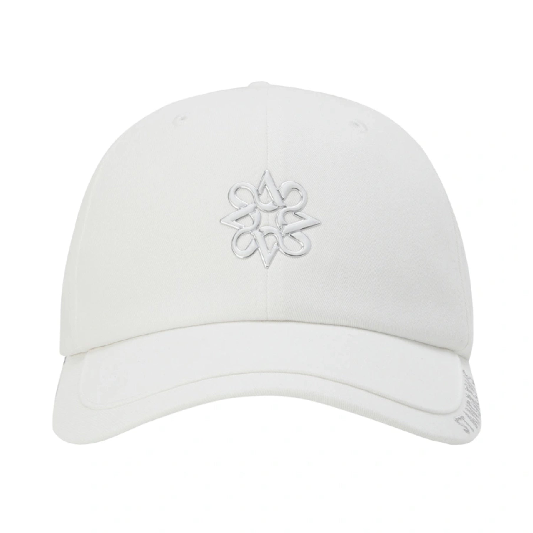 A white baseball cap featuring a tonal white embroidered geometric logo on the front, set against a solid white background.