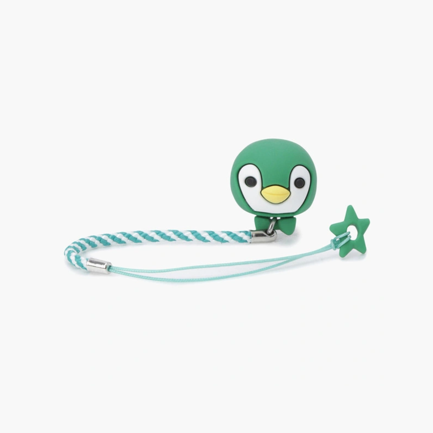 A green penguin-shaped clip with a light blue braided strap and a green star charm, shown on a plain light gray background.