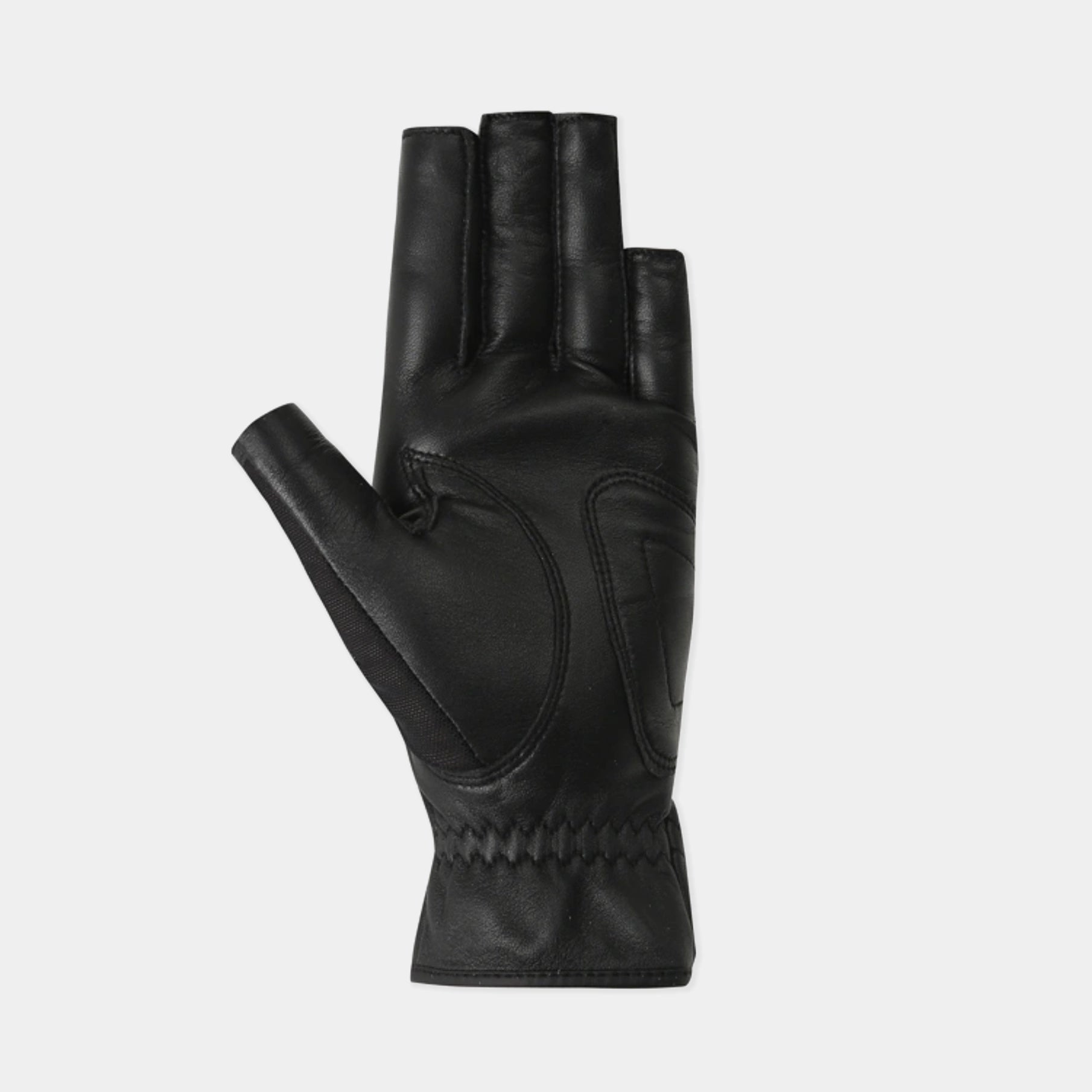 A single black leather fingerless glove shown from the back, featuring stitched paneling and a braided cuff, set against a plain light gray background.
