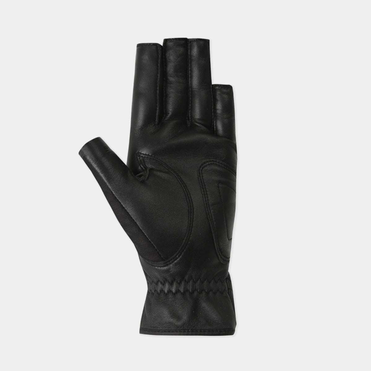 A single black leather fingerless glove shown from the back, featuring stitched paneling and a braided cuff, set against a plain light gray background.