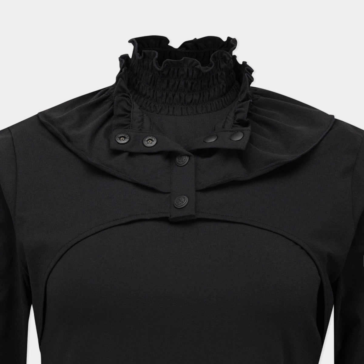 A close-up of a black long-sleeve top featuring a high smocked ruffled mock neck collar with snap-button placket details.