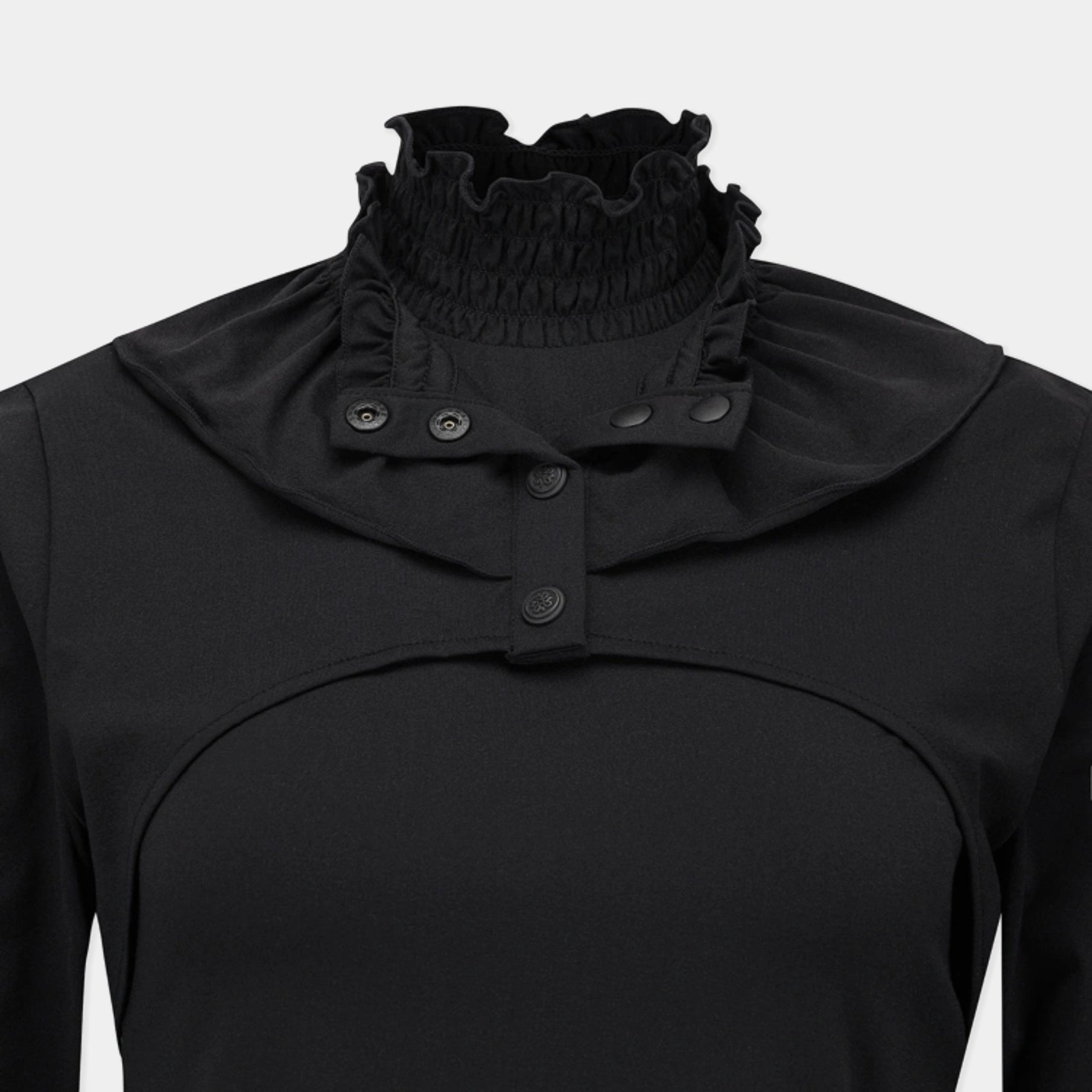 A close-up of a black long-sleeve top featuring a high smocked ruffled mock neck collar with snap-button placket details.