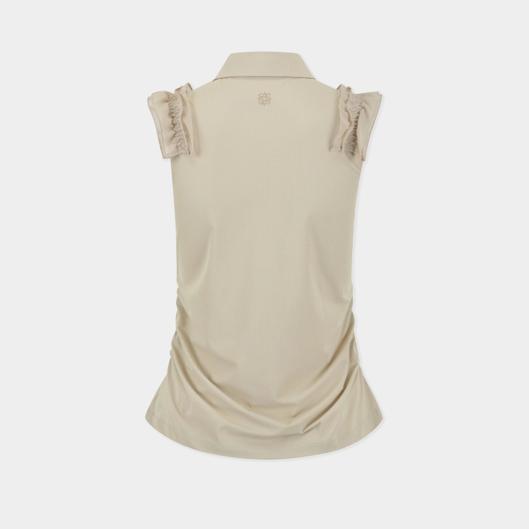 A beige sleeveless collared top shown from the back, featuring ruffled cap sleeves and a gathered hem, on a light gray background.