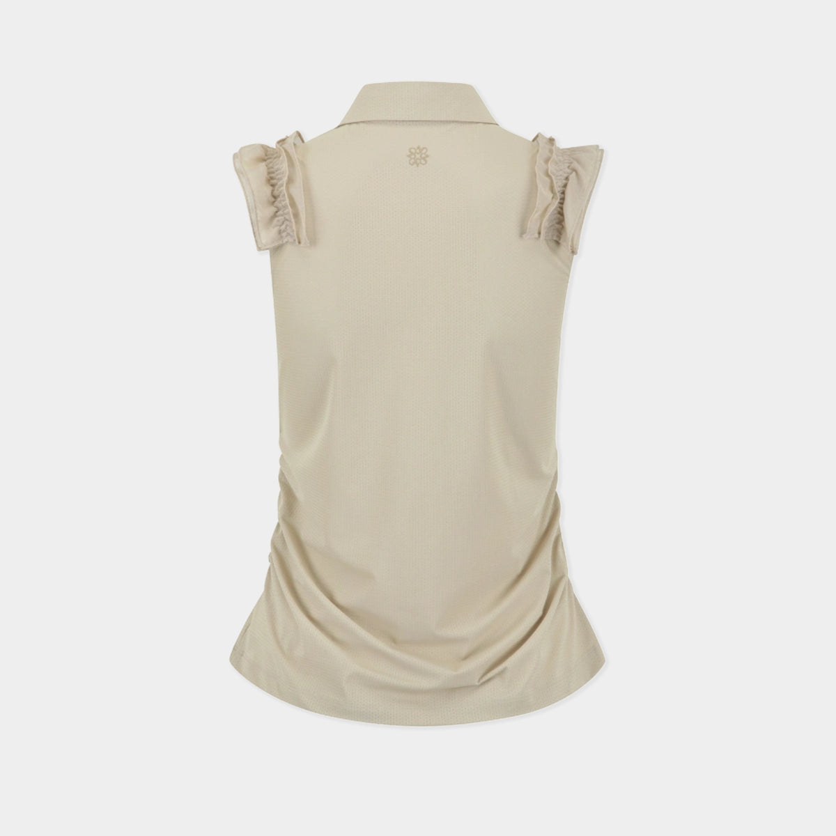 A beige sleeveless collared top shown from the back, featuring ruffled cap sleeves and a gathered hem, on a light gray background.