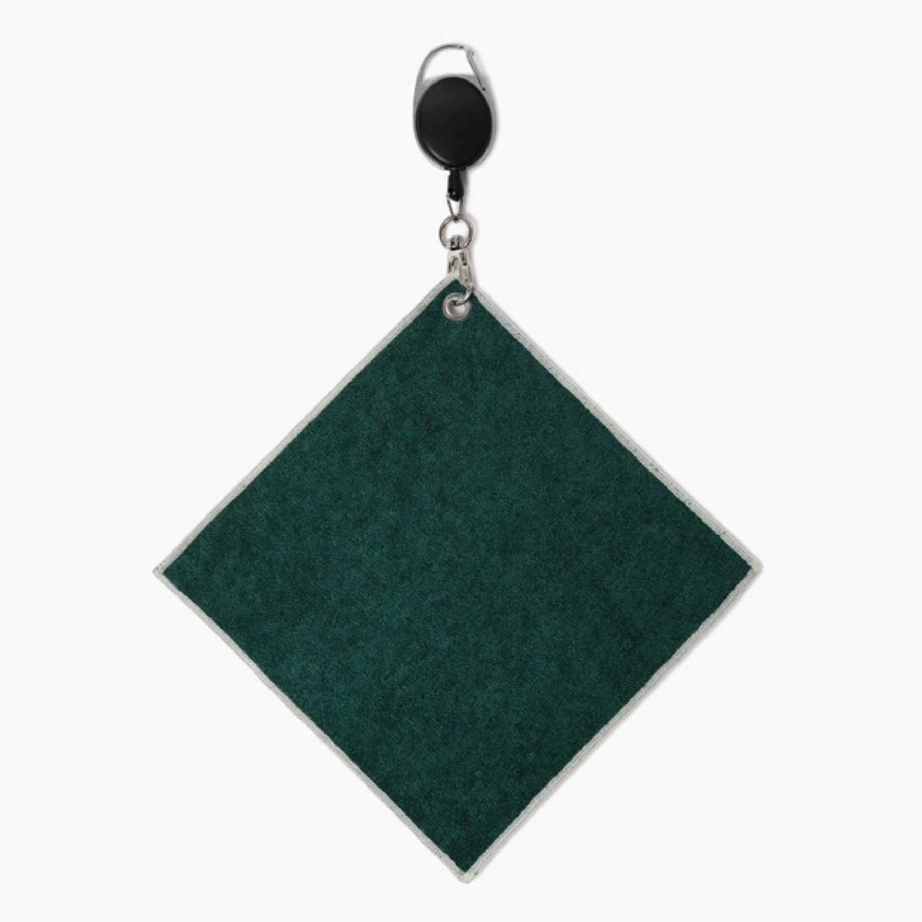 A square dark green felt or fabric tag with a white border, attached to a silver metal ring and a black retractable badge reel, shown on a plain white background.