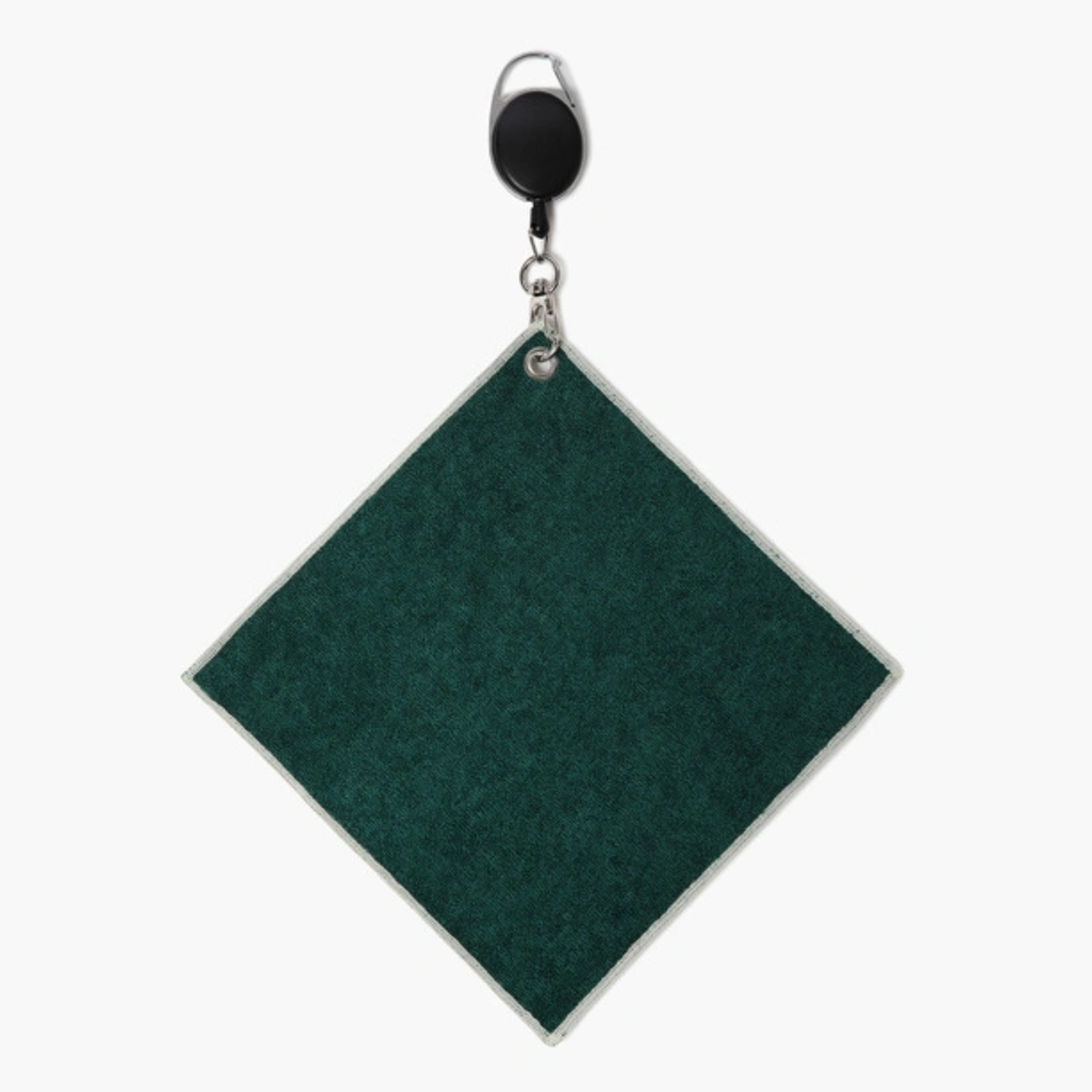 A square dark green felt or fabric tag with a white border, attached to a silver metal ring and a black retractable badge reel, shown on a plain white background.