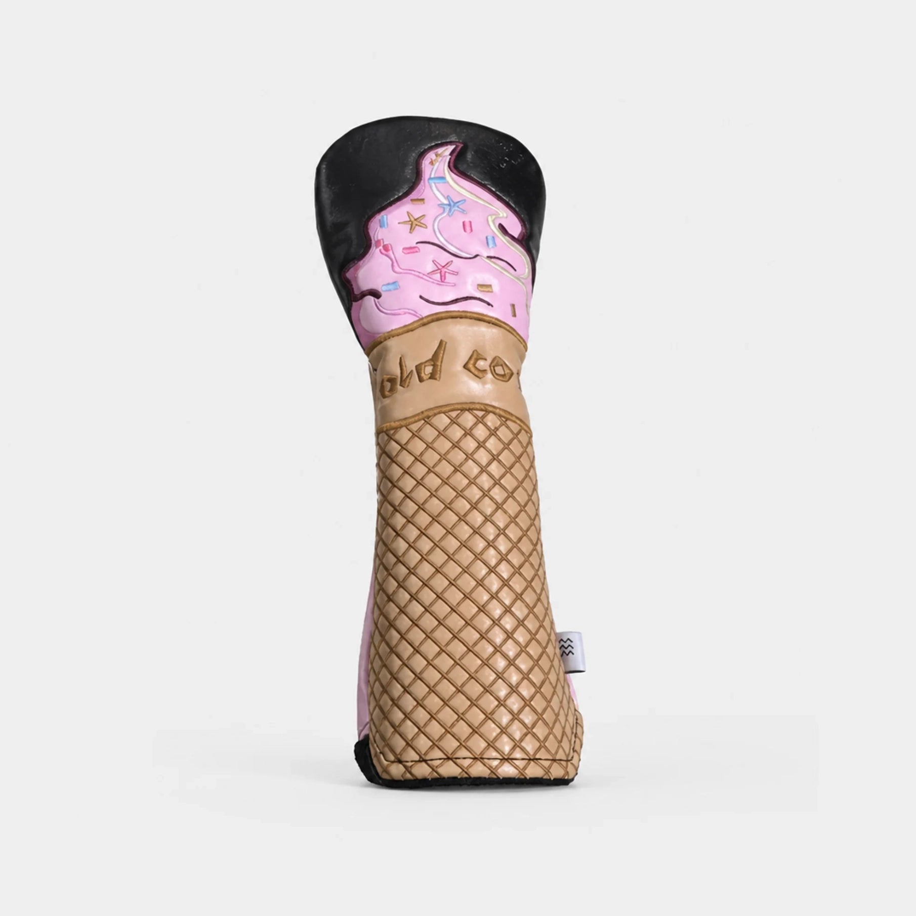 A novelty ice cream cone-shaped hybrid cover, pink swirl topping, and a brown waffle-cone body, shown against a plain light gray background.