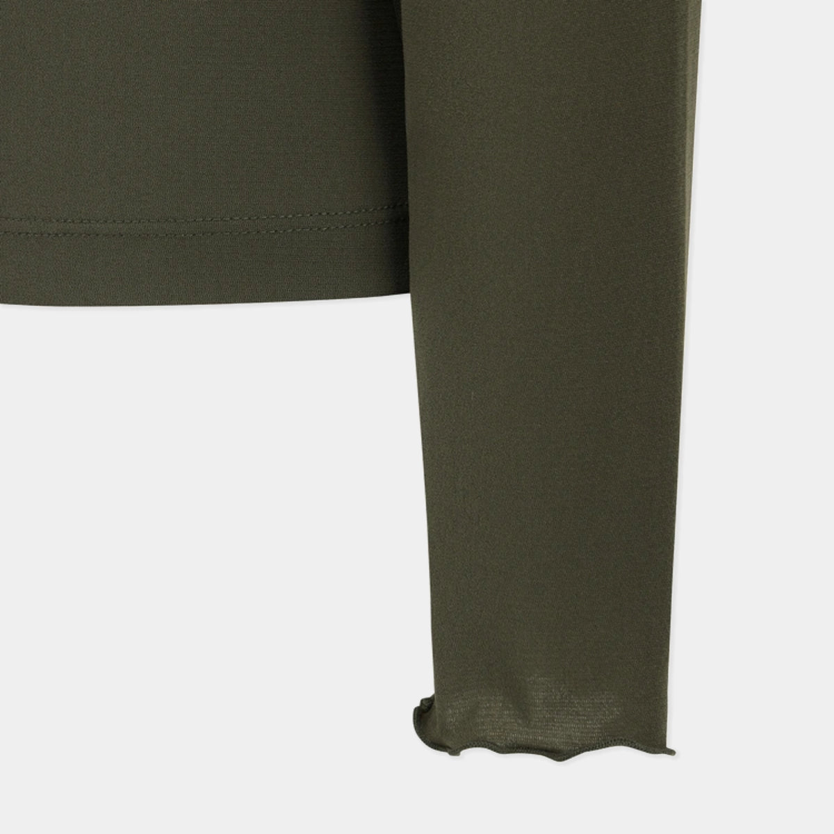 Close-up detail of an olive green garment sleeve with a scalloped edge, shown against a plain light gray background.