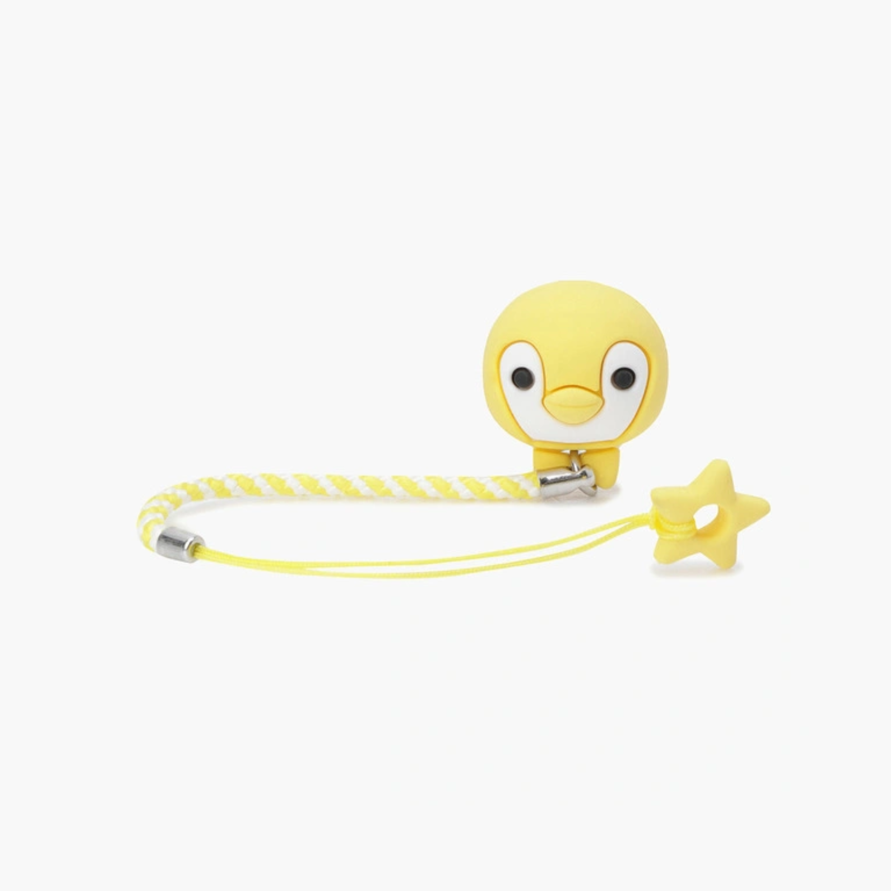 A yellow duck-shaped clip with a braided yellow and white strap and a small star-shaped charm, shown on a plain light gray background.