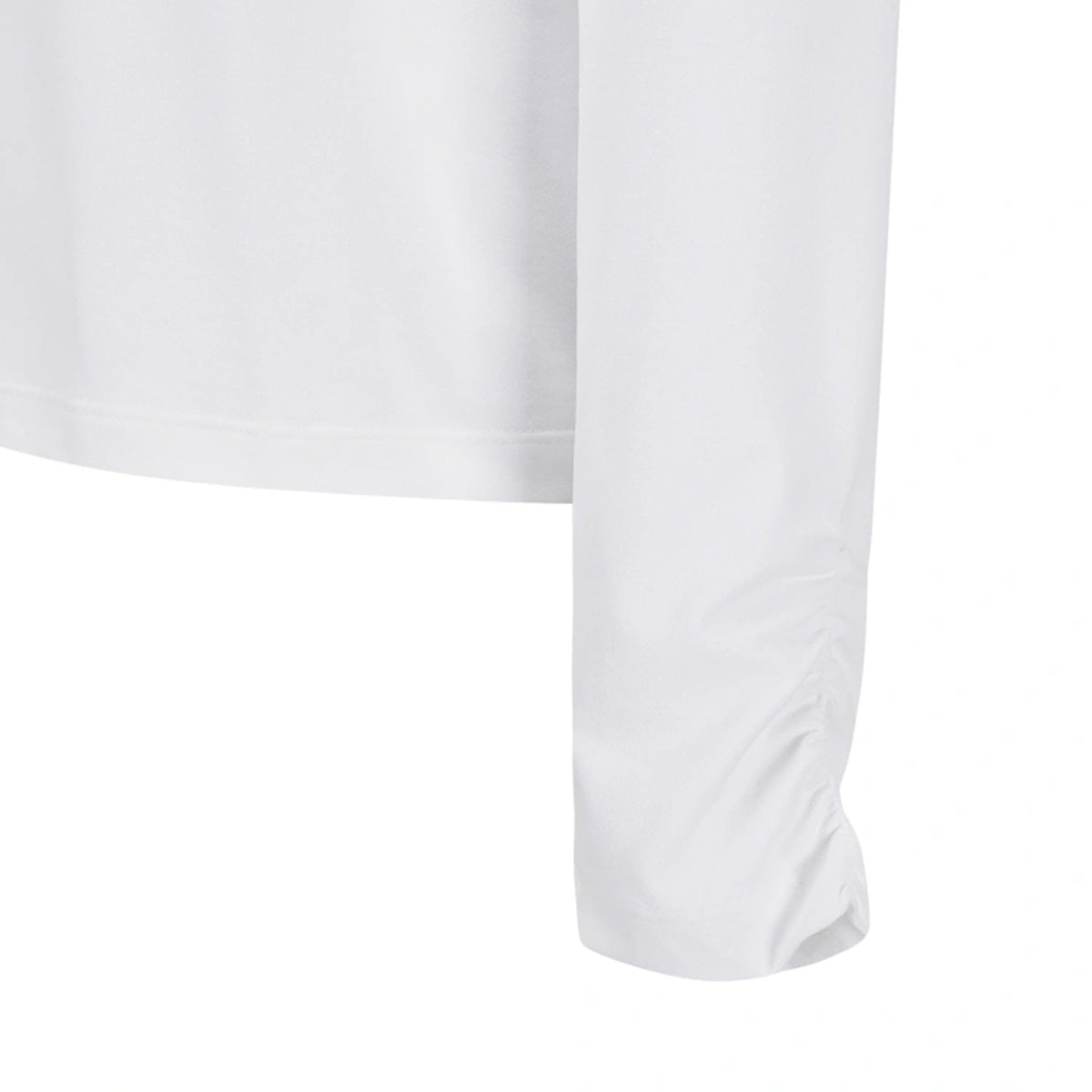 Close-up of a white long-sleeve athletic top showing the sleeve and hem against a plain white background.