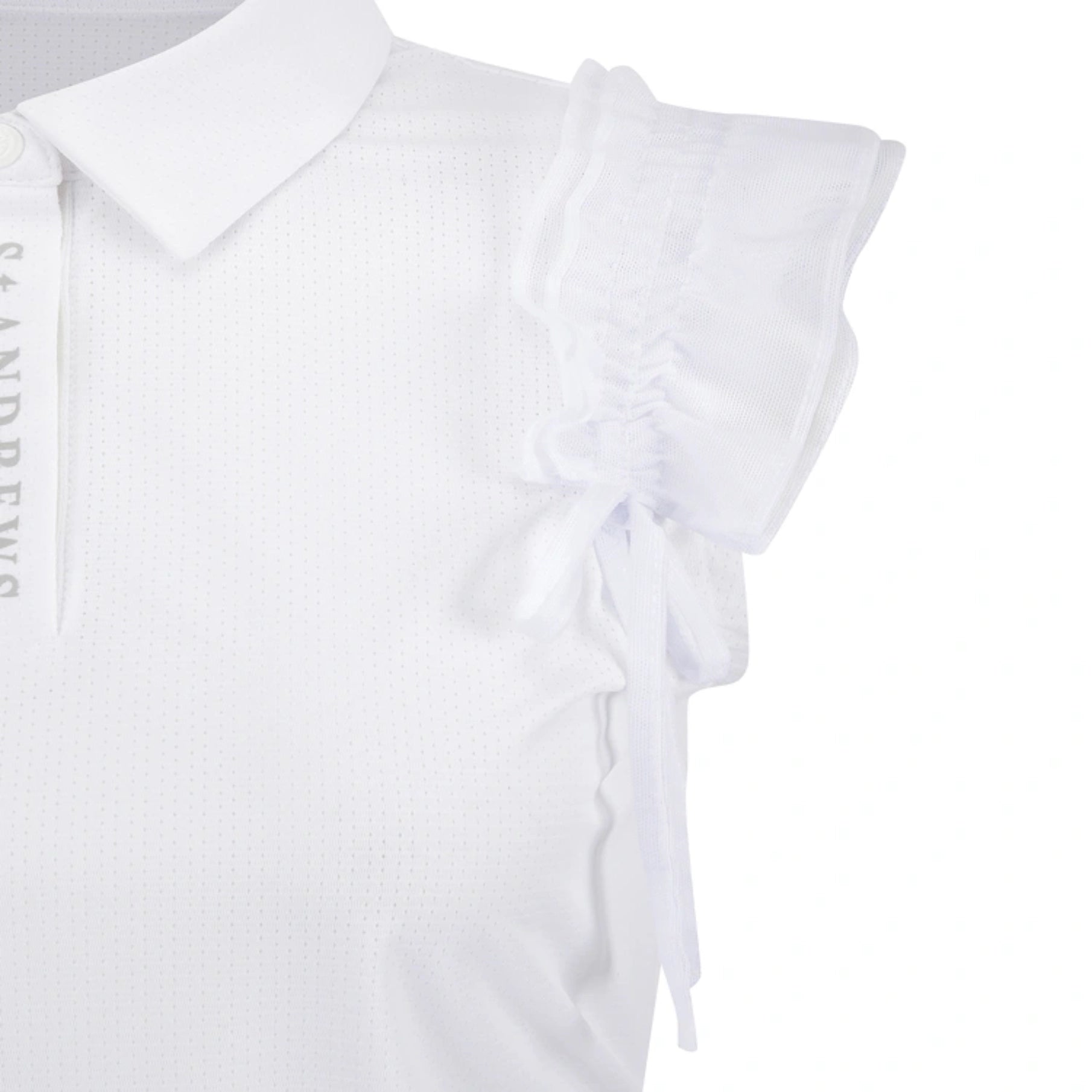 White short-sleeve collared top with a textured waffle knit fabric, featuring a ruffled sleeve detail with a tie and a vertical brand print reading 'G. ANDREW' on the sleeve.