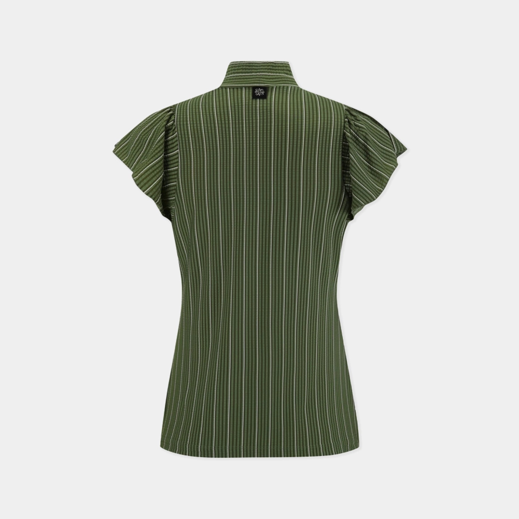 An olive green short-sleeve blouse with thin white vertical pinstripes, featuring a pointed collar and ruffled cap sleeves, shown from the back on a light gray background.