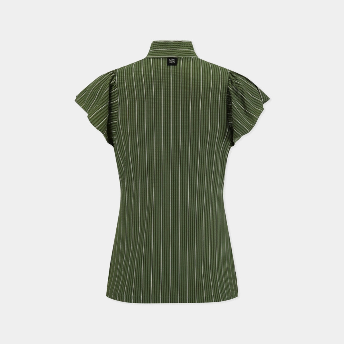 An olive green short-sleeve blouse with thin white vertical pinstripes, featuring a pointed collar and ruffled cap sleeves, shown from the back on a light gray background.
