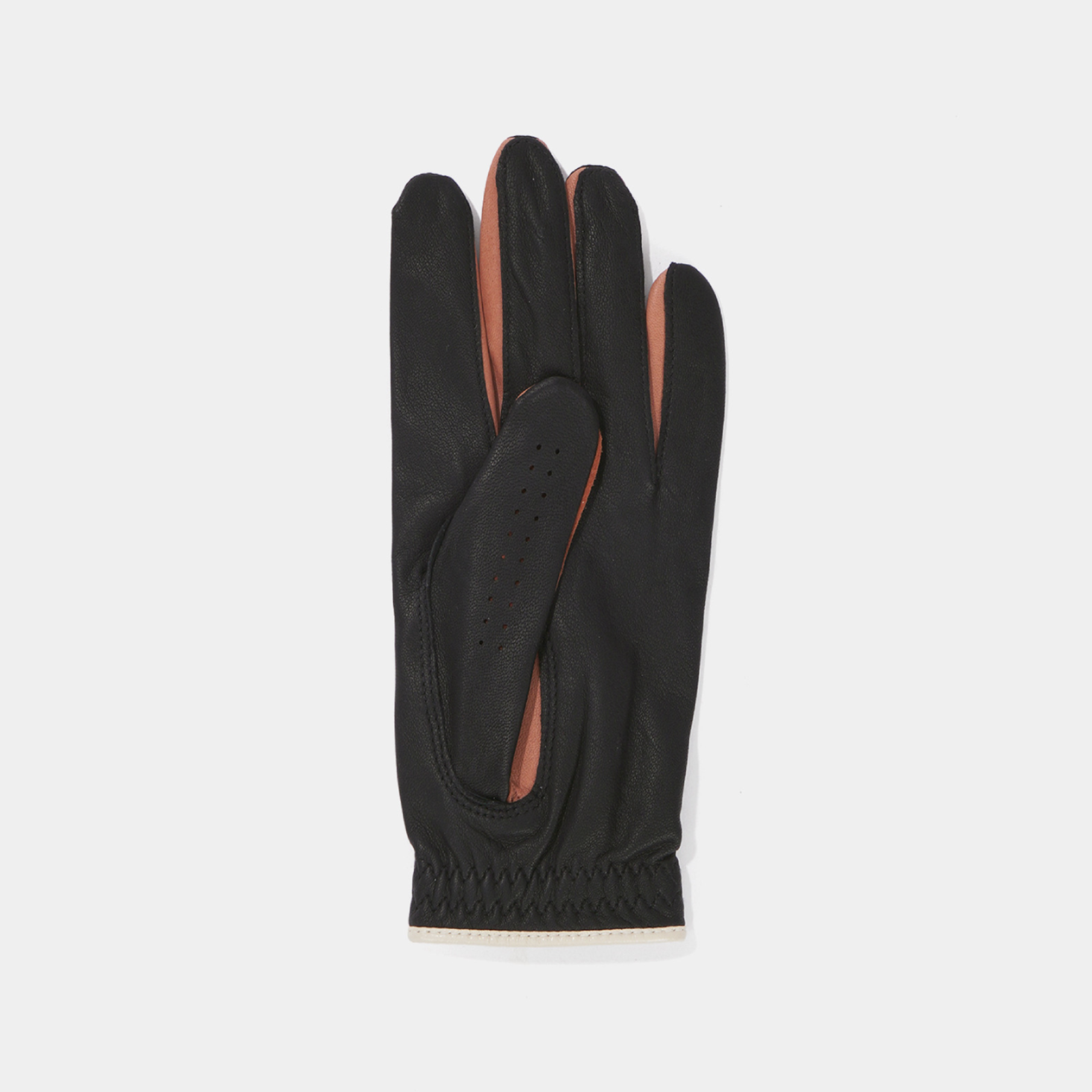 A single black leather glove with contrasting warm brown lining on the fingers and palm, displayed flat against a light gray background.
