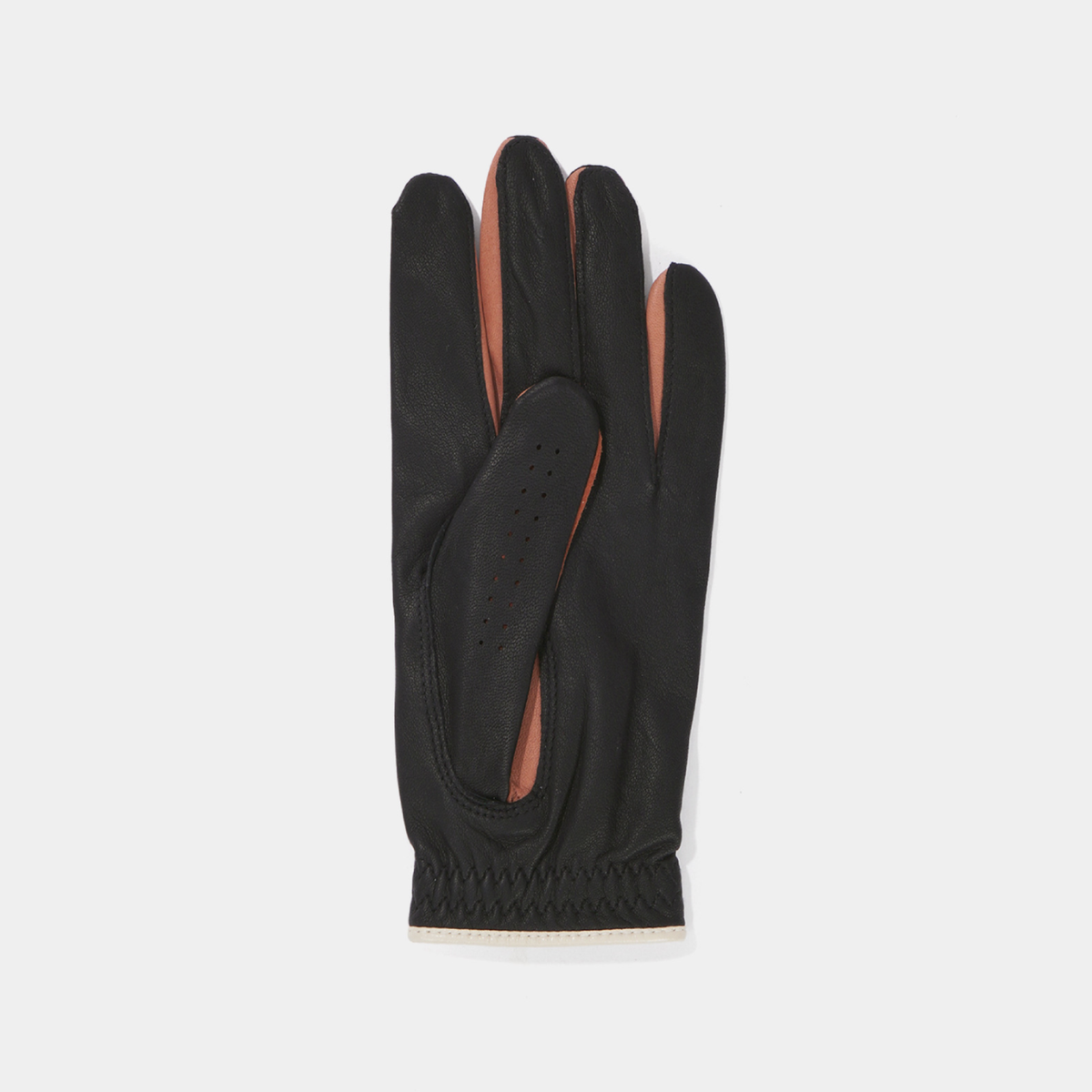 A single black leather glove with contrasting warm brown lining on the fingers and palm, displayed flat against a light gray background.