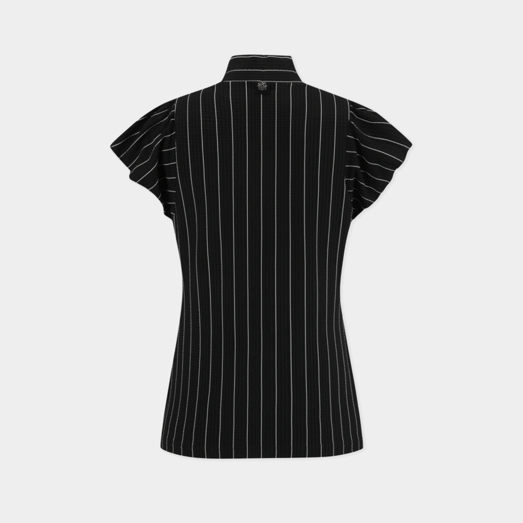 A black short-sleeve blouse with thin white vertical pinstripes, shown from the back against a light gray background.