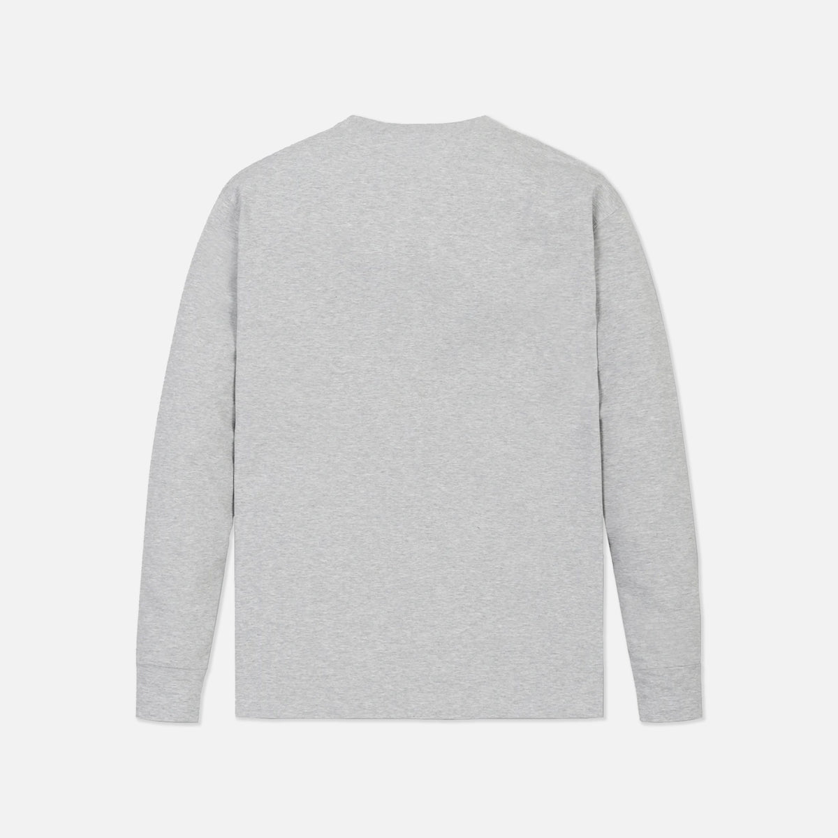 A light gray heather long-sleeve crewneck sweatshirt shown from the back, laid flat against a light gray background.