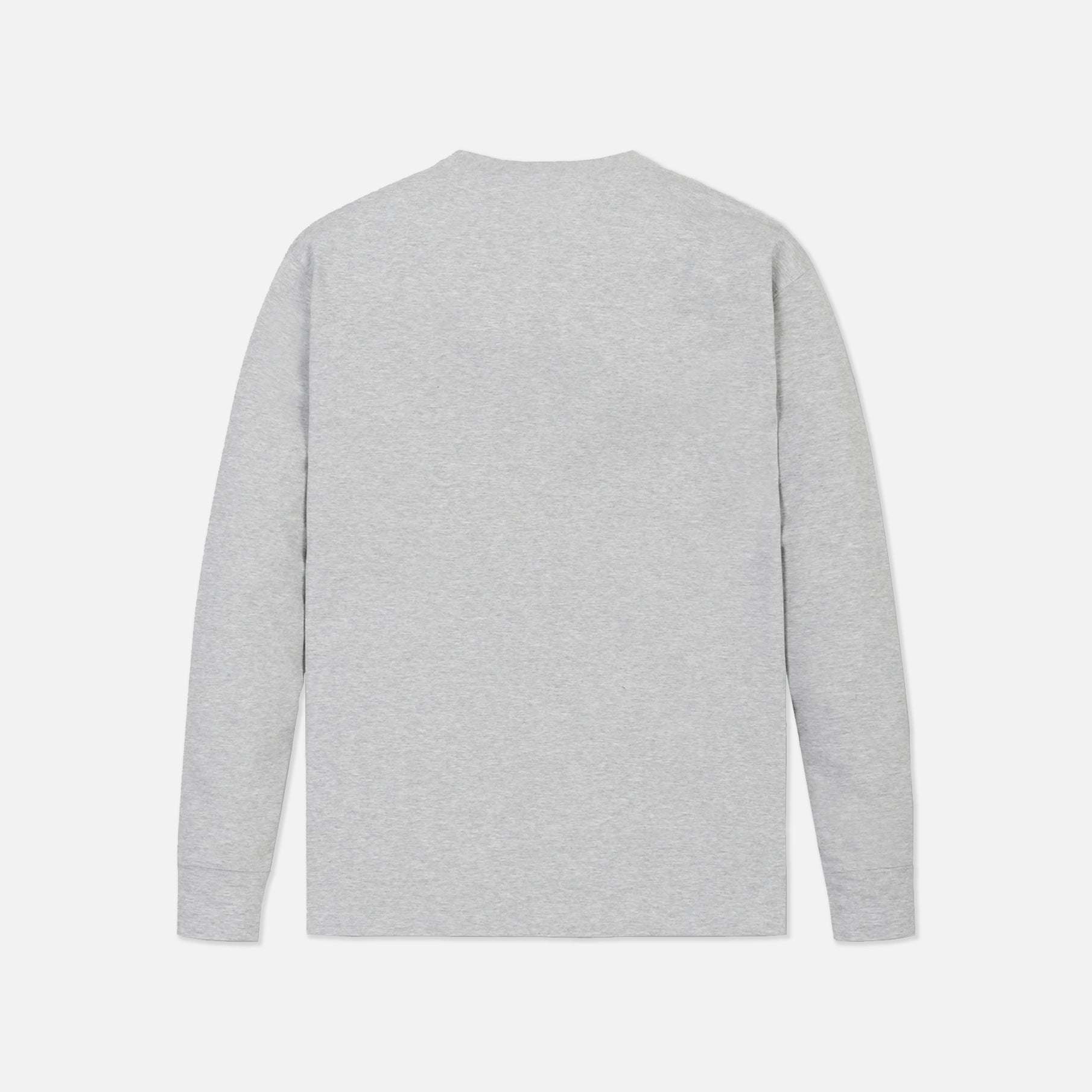 A light gray heather long-sleeve crewneck sweatshirt shown from the back, laid flat against a light gray background.