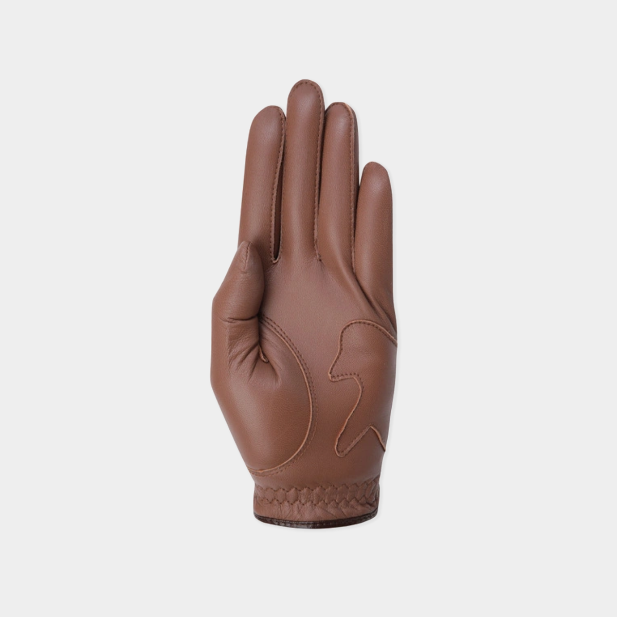 A single brown leather glove shown from the back, featuring stitched paneling and a braided knit cuff, set against a solid light gray background.