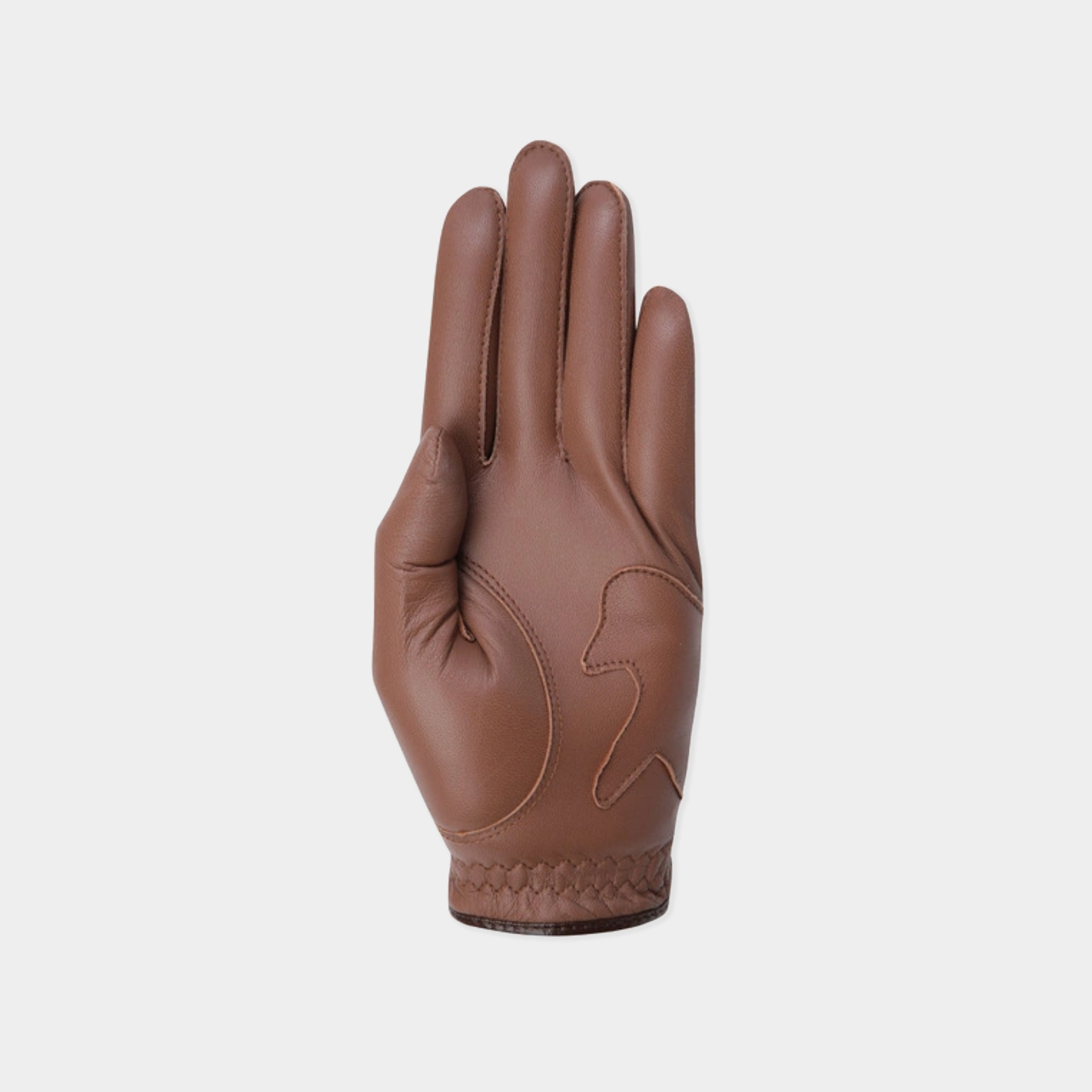 A single brown leather glove shown from the back, featuring stitched paneling and a braided knit cuff, set against a solid light gray background.