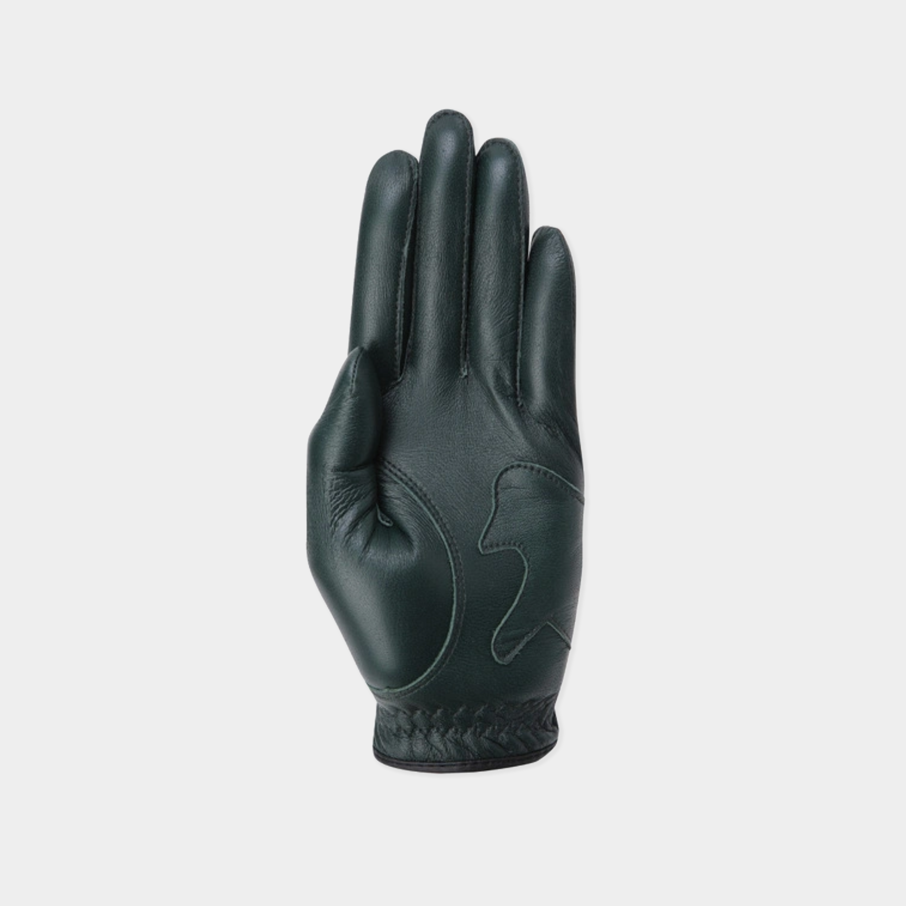 A single dark green leather riding glove shown from the back, featuring a stitched wing-like design on the back of the hand and a braided cuff, set against a plain light gray background.