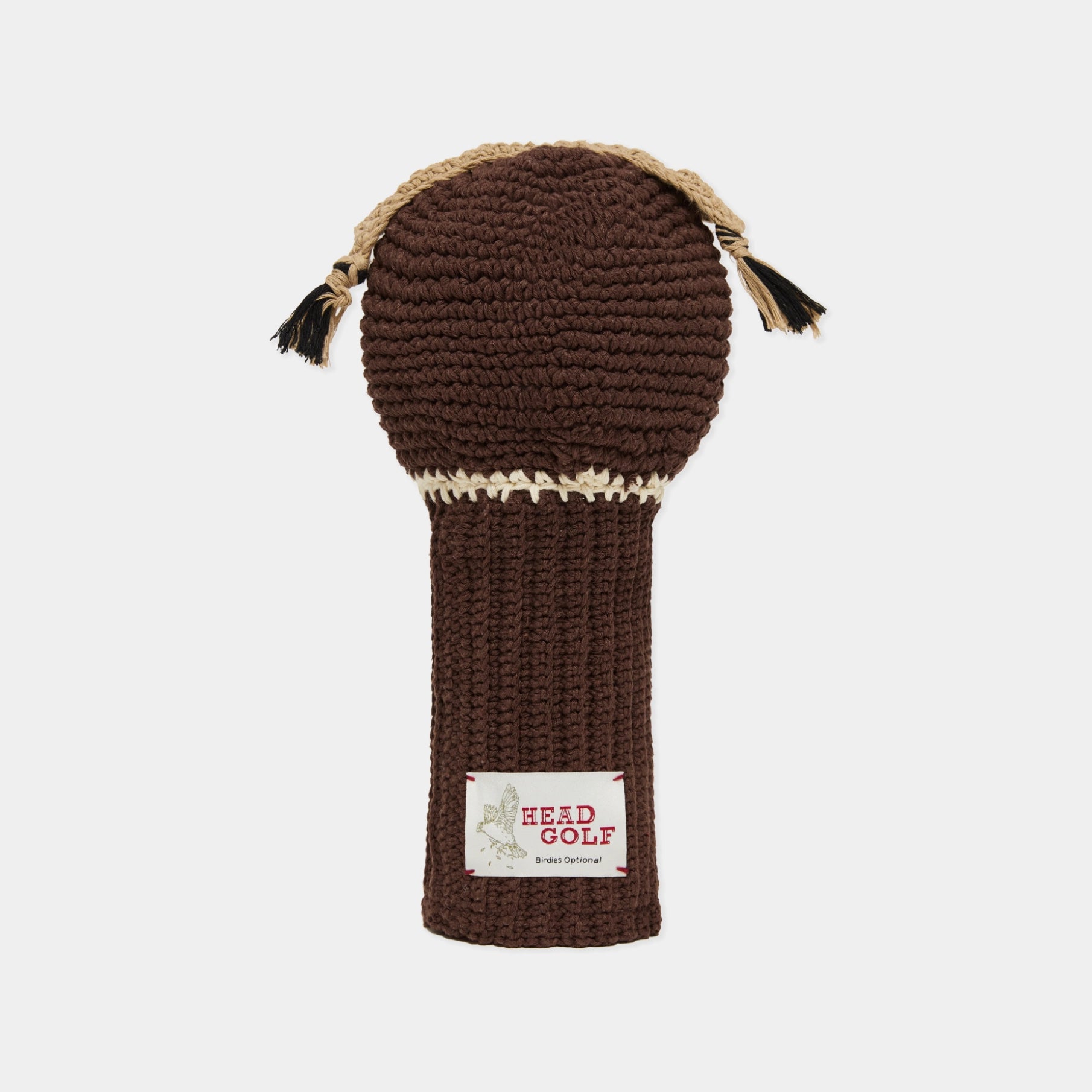 A brown crocheted golf club headcover with braided tan rope details and a white sewn label reading 'HEAD GOLF' on a light gray background.