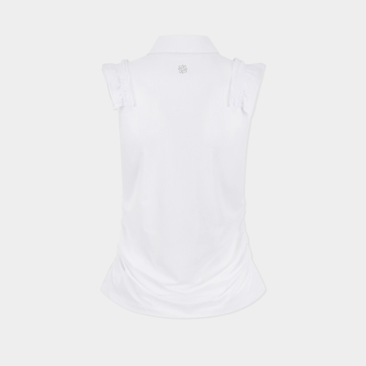 White sleeveless polo shirt shown from the back, featuring ruffled cap sleeves and a small gray logo centered below the collar, set against a solid light gray background.