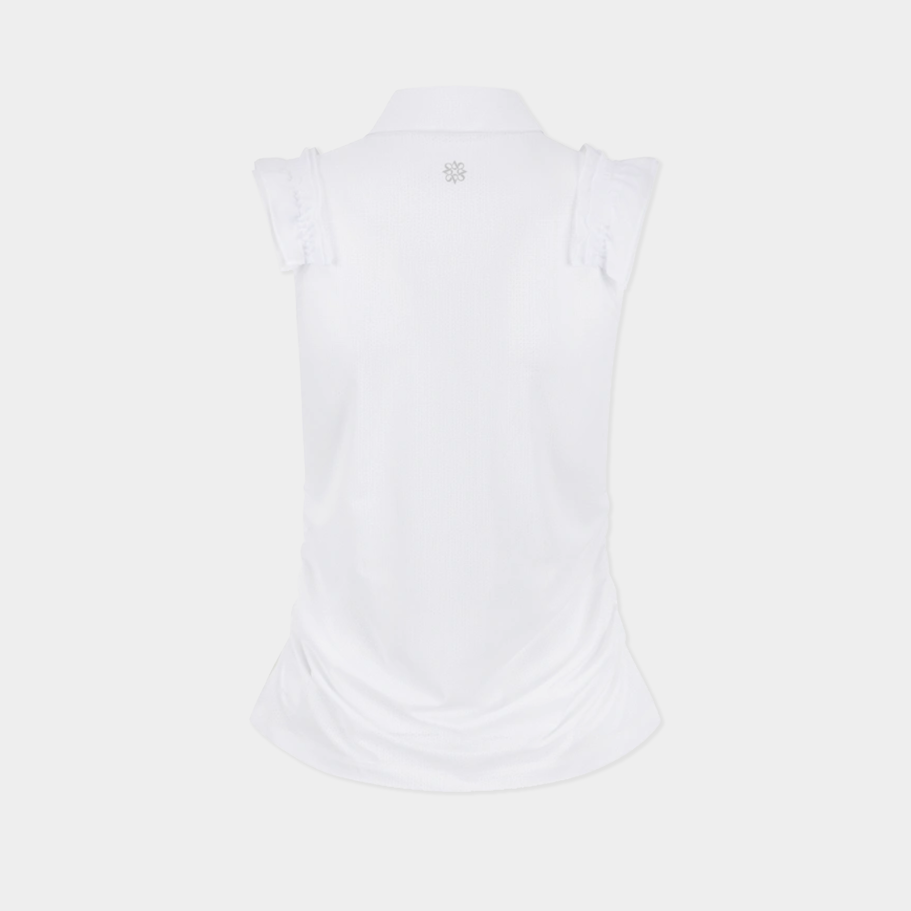 White sleeveless polo shirt shown from the back, featuring ruffled cap sleeves and a small gray logo centered below the collar, set against a solid light gray background.