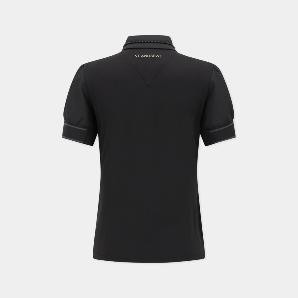 Black short-sleeve polo shirt shown from the back, featuring a V-neck collar and subtle dark piping on the sleeve cuffs, with 'ST ANDREWS' printed in white at the inner neck, set against a light gray background.